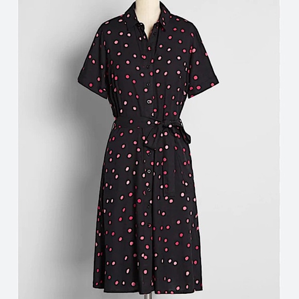 Modcloth Black Midi Shirt Dress with Pink Polka Dots